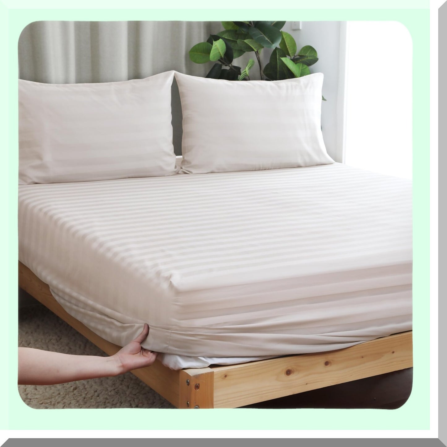 Luxury Stripe Cotton Cal Fitted Sheet - 600 Thread Count Deep Pocket Bottom Sheet for Home & Hotel - Beige Cal King Fitted Sheet - Pure Cotton Bedding