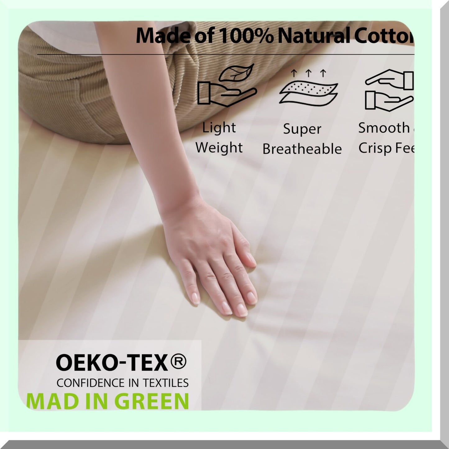 Luxury Stripe Cotton Cal Fitted Sheet - 600 Thread Count Deep Pocket Bottom Sheet for Home & Hotel - Beige Cal King Fitted Sheet - Pure Cotton Bedding