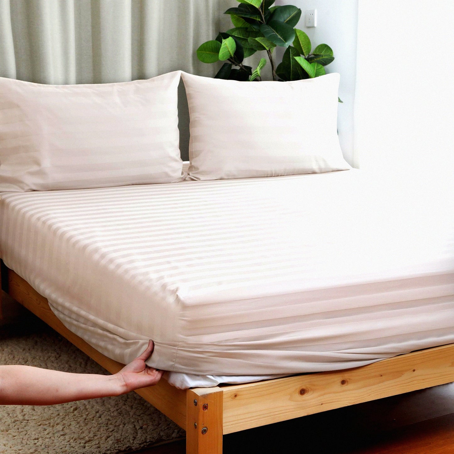 Luxury Stripe Cotton Cal Fitted Sheet - 600 Thread Count Deep Pocket Bottom Sheet for Home & Hotel - Beige Cal King Fitted Sheet - Pure Cotton Bedding