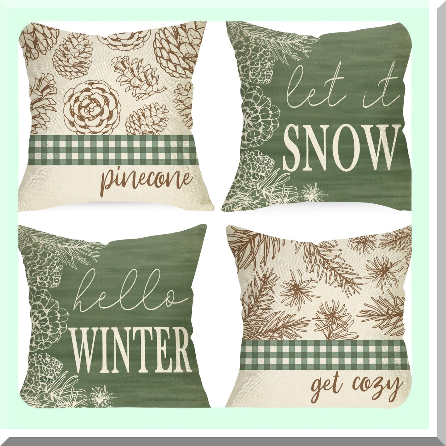 Winter Pine Cone Plaid Throw Pillow Set - Let It Snow Decorative Cushion Covers - Cozy Farmhouse Holiday Home Decoration - Green Pine Leaves Buffalo Check Case - 16x16 PC Set of 4