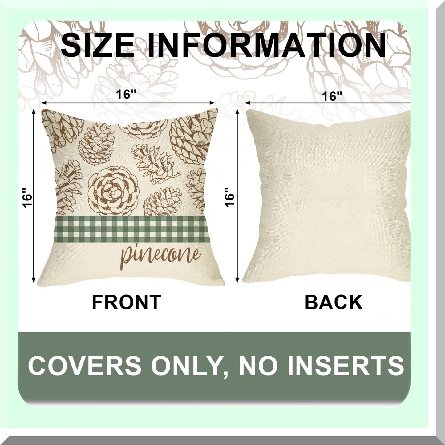 Winter Pine Cone Plaid Throw Pillow Set - Let It Snow Decorative Cushion Covers - Cozy Farmhouse Holiday Home Decoration - Green Pine Leaves Buffalo Check Case - 16x16 PC Set of 4