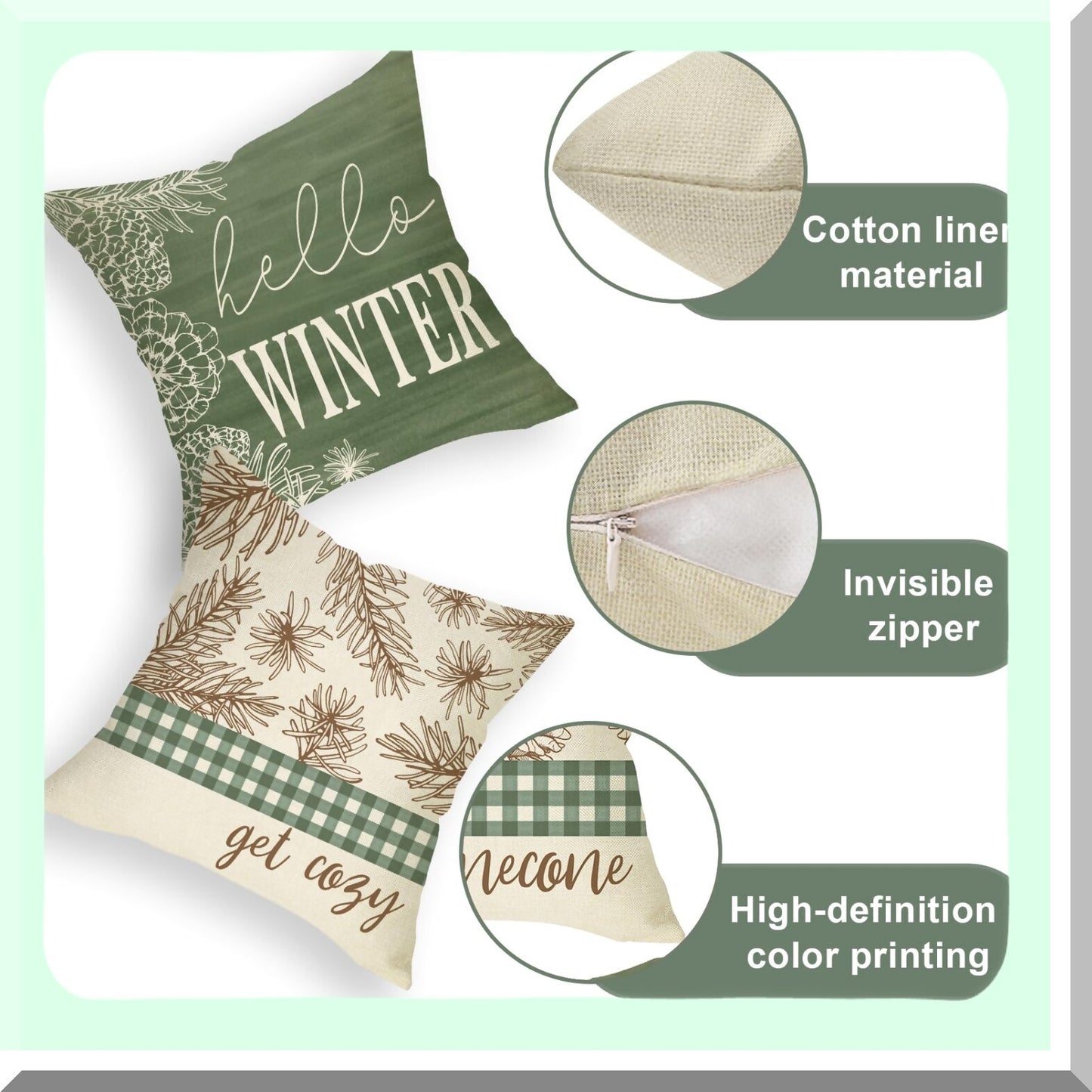 Winter Pine Cone Plaid Throw Pillow Set - Let It Snow Decorative Cushion Covers - Cozy Farmhouse Holiday Home Decoration - Green Pine Leaves Buffalo Check Case - 16x16 PC Set of 4