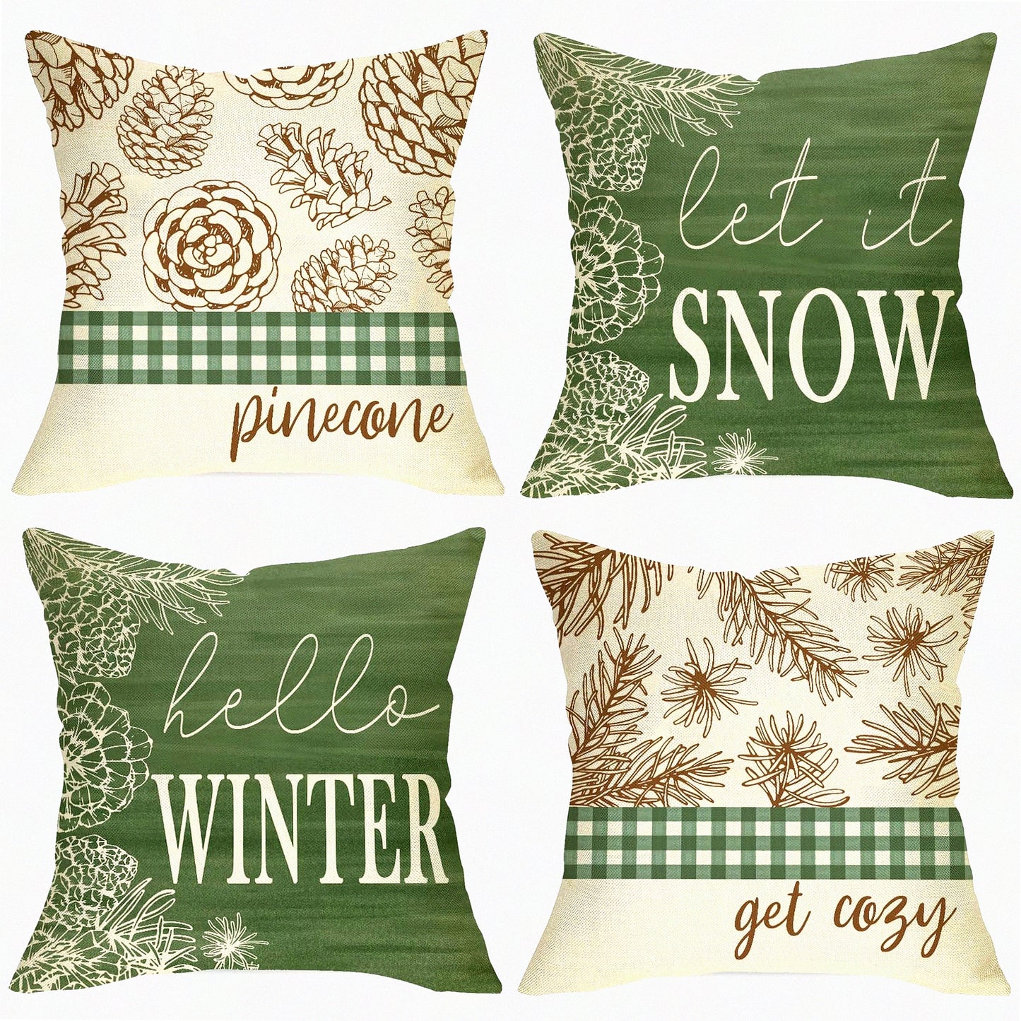 Winter Pine Cone Plaid Throw Pillow Set - Let It Snow Decorative Cushion Covers - Cozy Farmhouse Holiday Home Decoration - Green Pine Leaves Buffalo Check Case - 16x16 PC Set of 4
