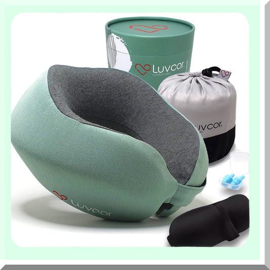 ErgoRest Memory Foam Travel Neck Pillow Set - Ultimate Comfort Bundle for Airplane, Car, Sleep - Includes Earplugs & Storage Bag - Imperial Green