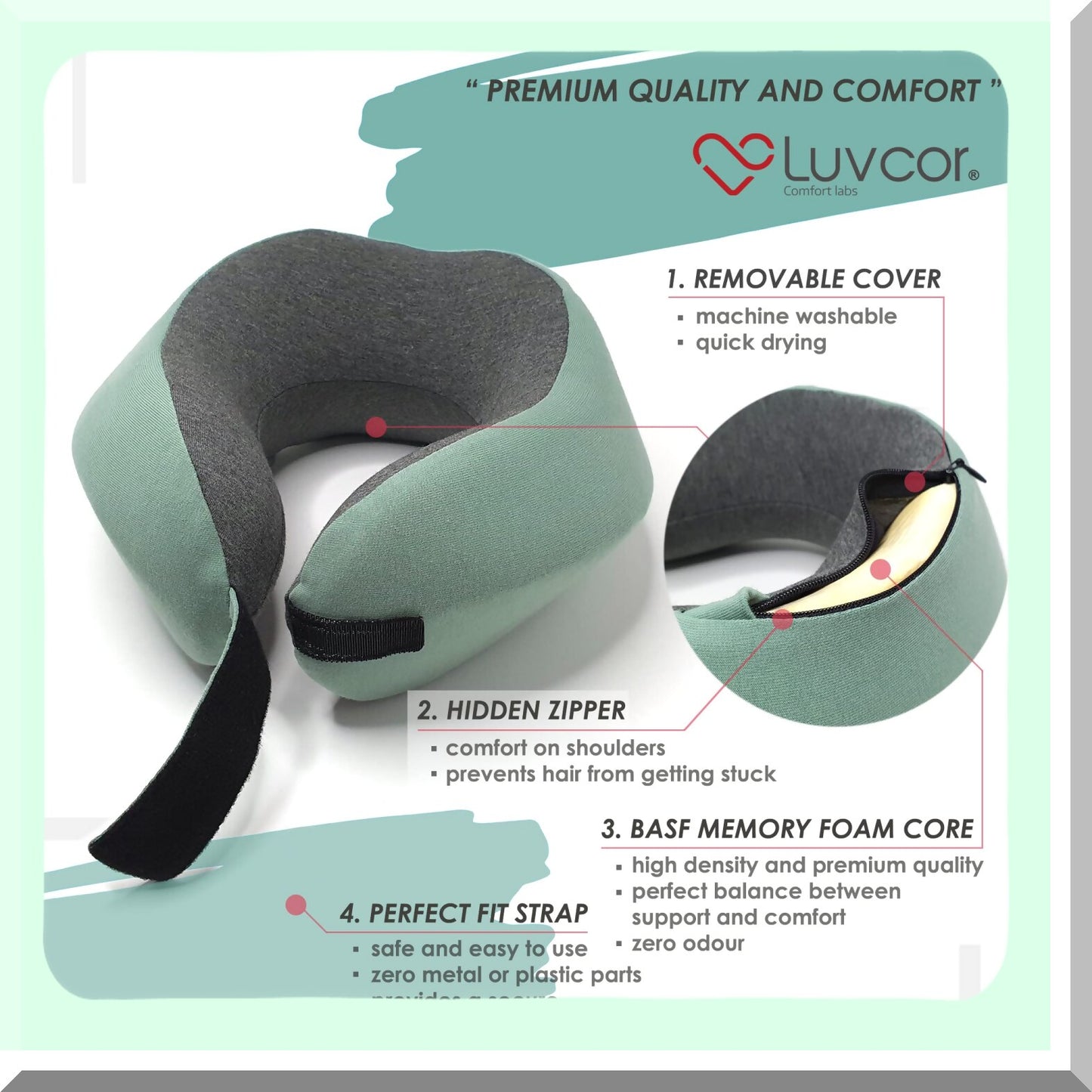 ErgoRest Memory Foam Travel Neck Pillow Set - Ultimate Comfort Bundle for Airplane, Car, Sleep - Includes Earplugs & Storage Bag - Imperial Green