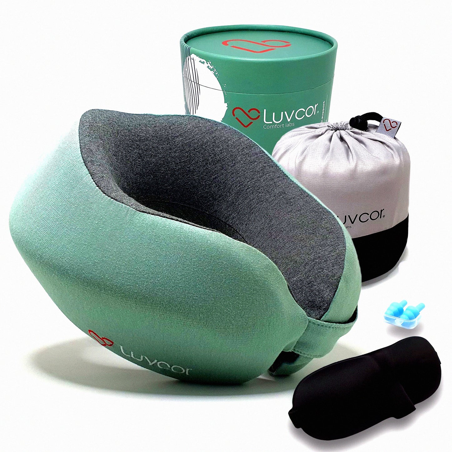ErgoRest Memory Foam Travel Neck Pillow Set - Ultimate Comfort Bundle for Airplane, Car, Sleep - Includes Earplugs & Storage Bag - Imperial Green
