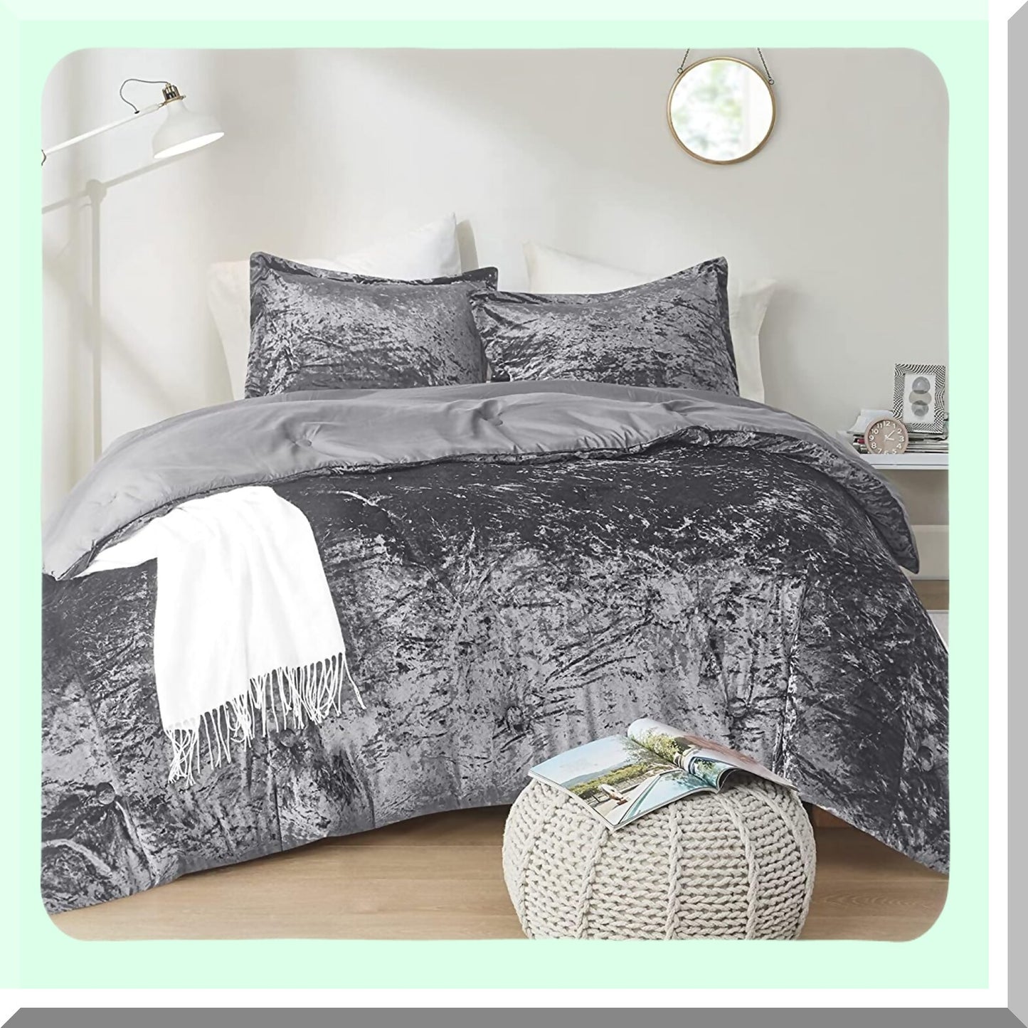 Luxe Velvet Bliss Comforter Set - Plush Microfiber Bedding with Cozy Fluffy Feel, All Season Grey Bed Set with Matching Sham - 3 Piece Luxe Comforter