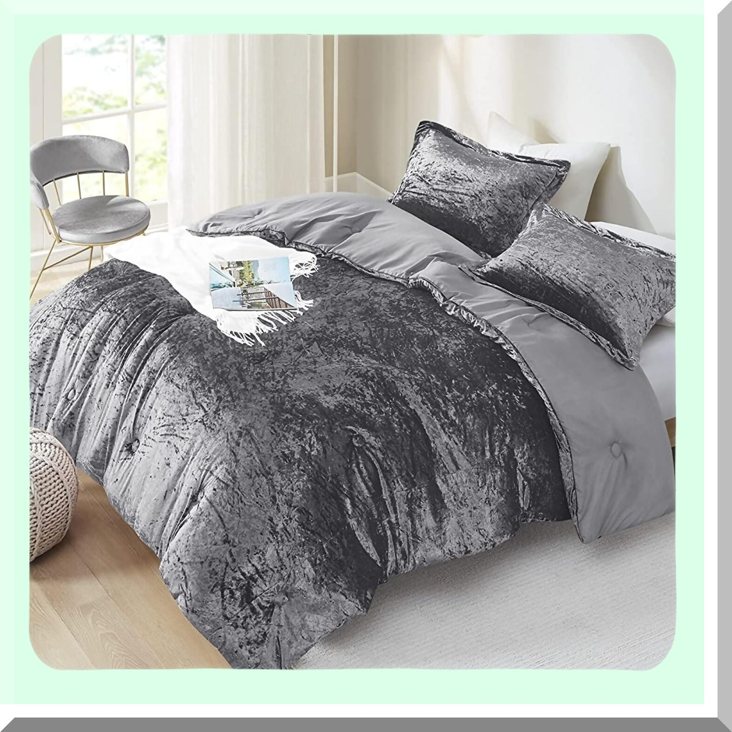 Luxe Velvet Bliss Comforter Set - Plush Microfiber Bedding with Cozy Fluffy Feel, All Season Grey Bed Set with Matching Sham - 3 Piece Luxe Comforter