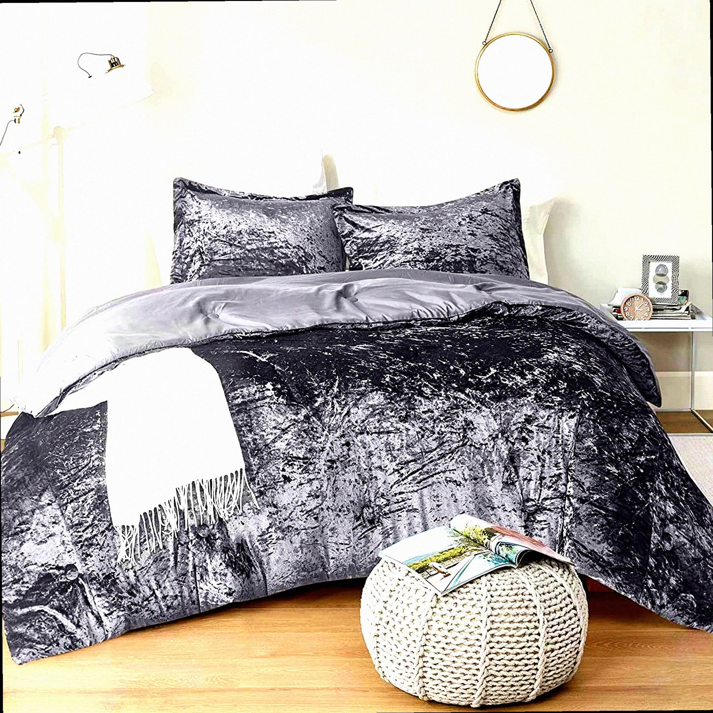 Luxe Velvet Bliss Comforter Set - Plush Microfiber Bedding with Cozy Fluffy Feel, All Season Grey Bed Set with Matching Sham - 3 Piece Luxe Comforter