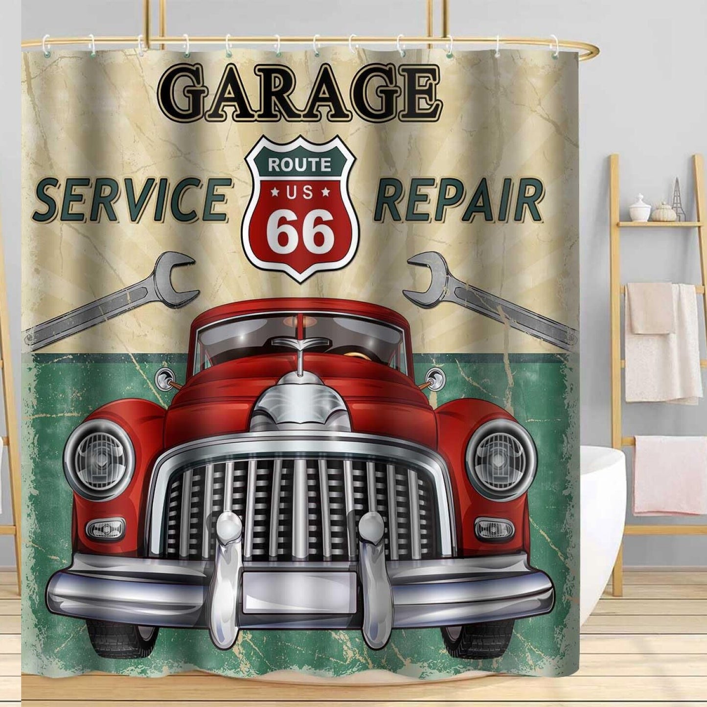 Vintage Car Shower Curtain 72x72 Polyester with 12 Hooks