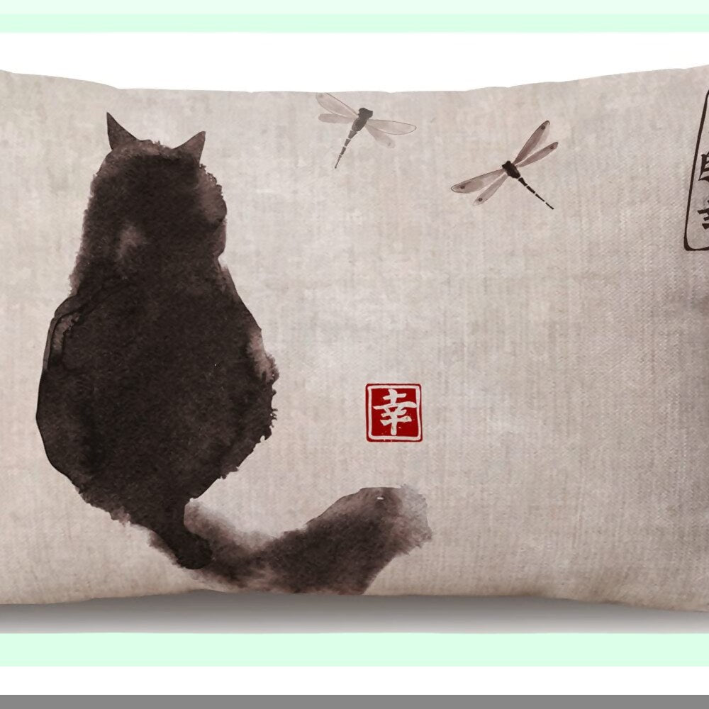 Vintage Cat Dragonfly Ink Painting Decorative Pillow Cover - Farmhouse Outdoor Couch Sofa Bed Modern Case 12x20 Inch