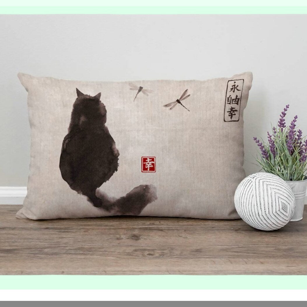 Vintage Cat Dragonfly Ink Painting Decorative Pillow Cover - Farmhouse Outdoor Couch Sofa Bed Modern Case 12x20 Inch
