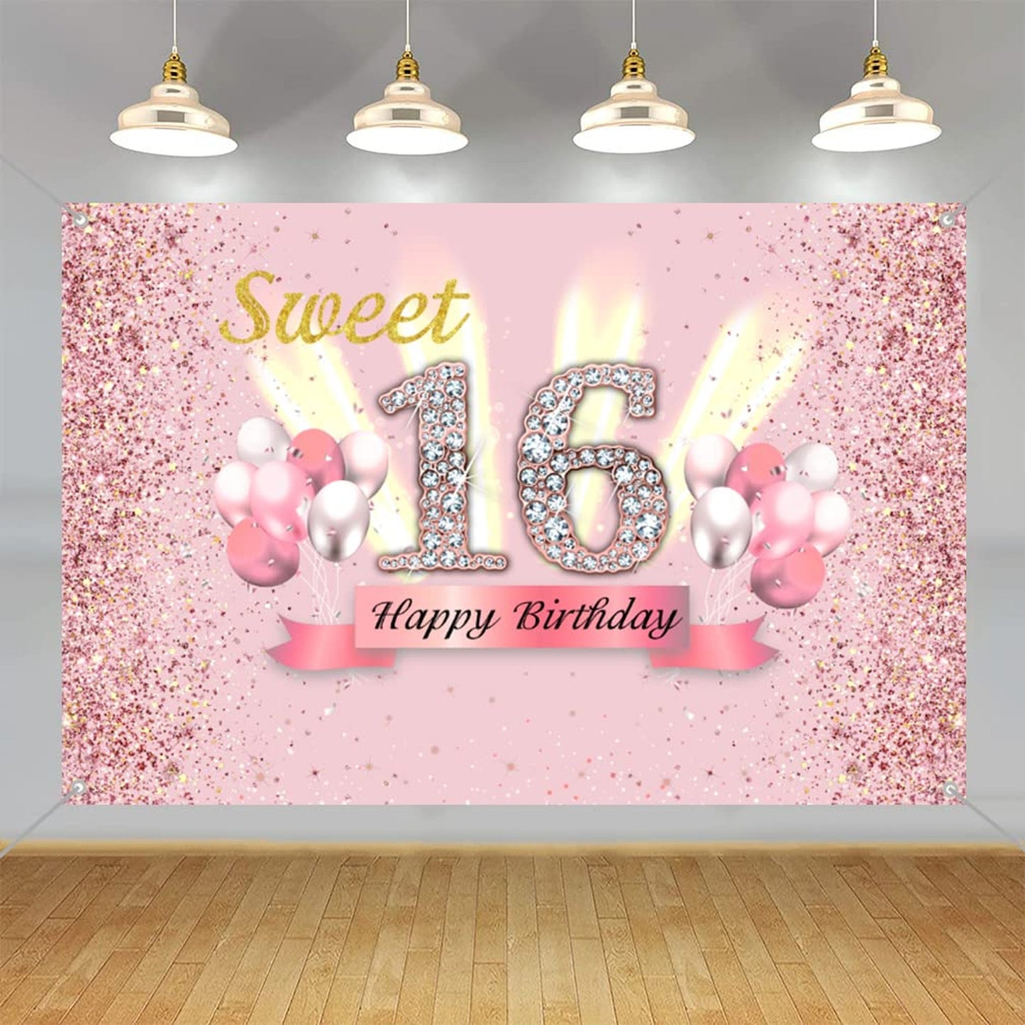 Sweet 16 Pink Party Banner - Girl's 16th Birthday Backdrop - Anniversary Fabric Sign - Photo Background - Party Supplies - 59"x35.4"