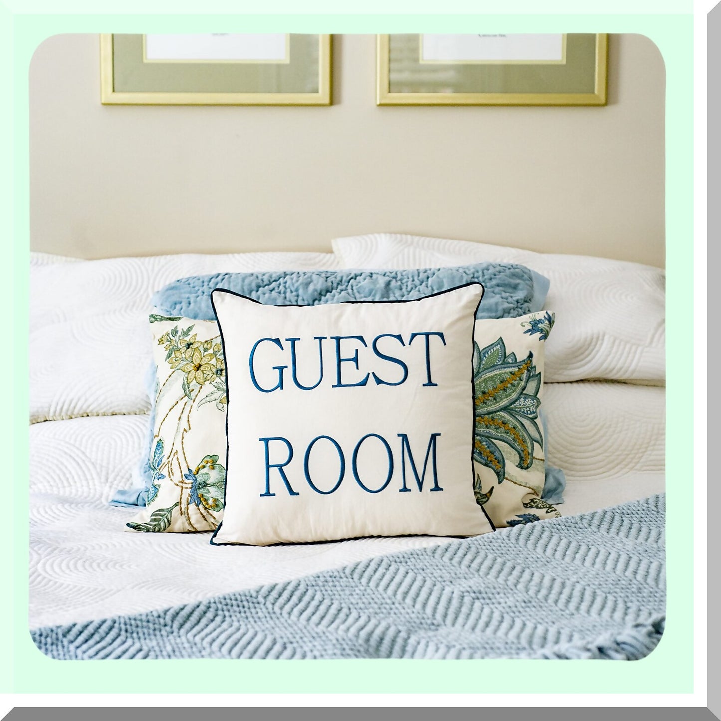 Farmhouse Welcome Embroidered Throw Pillow - 16x16 Decorative Guest Room Cushion Cover - Handcrafted Funny Be Our Guest Bedroom Decor