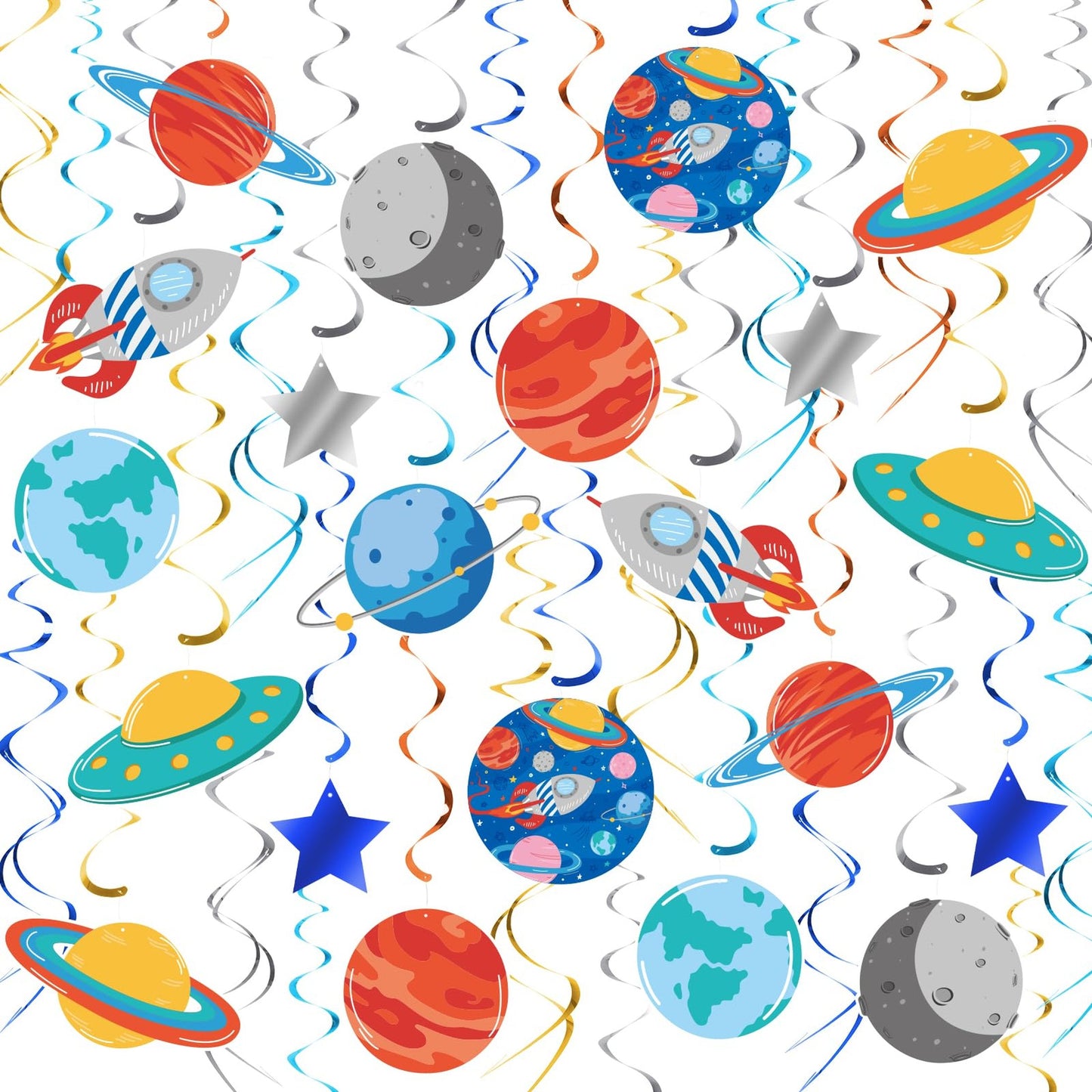 Galactic Orbit Party Swirls - Set of 30 Solar System Hanging Decorations for Outer Space Themed Parties, Clrooms, and Planet Celebrations
