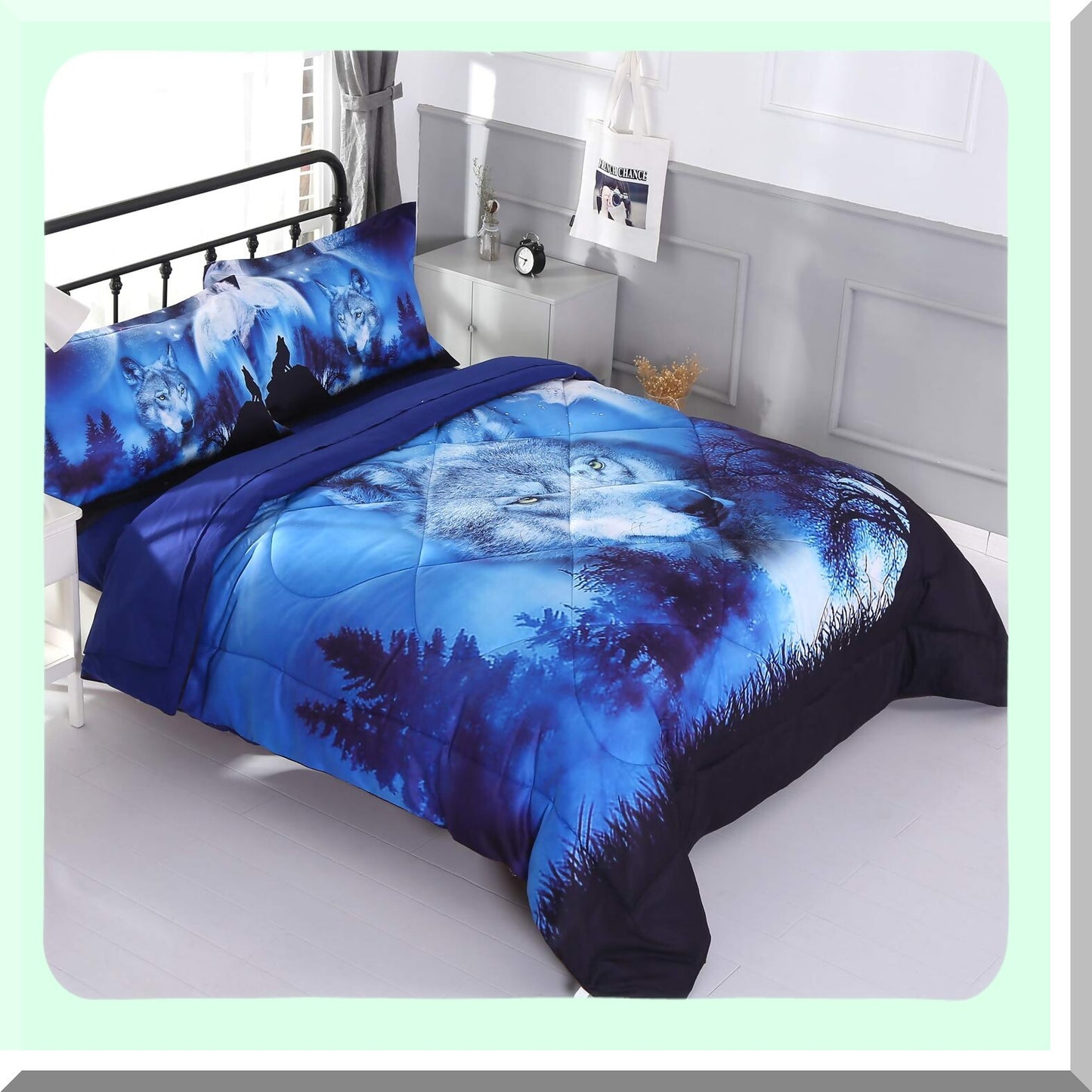 Blue Wolf Comforter Set - Premium Queen Size Bedding for Kids and Adults - Comfortable and Breathable Bedding Set
