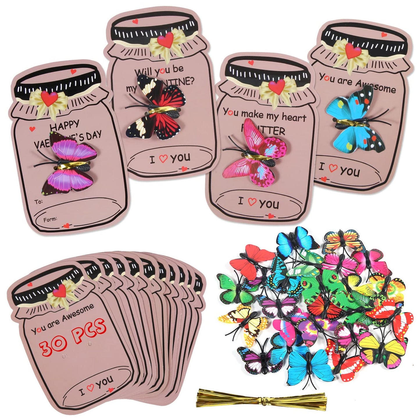 Love Bug Jar Valentines Cards - 3D Butterfly Kids Exchange Greeting Cards - School Prize Party Favors - Funny Boys Girls Clroom Set