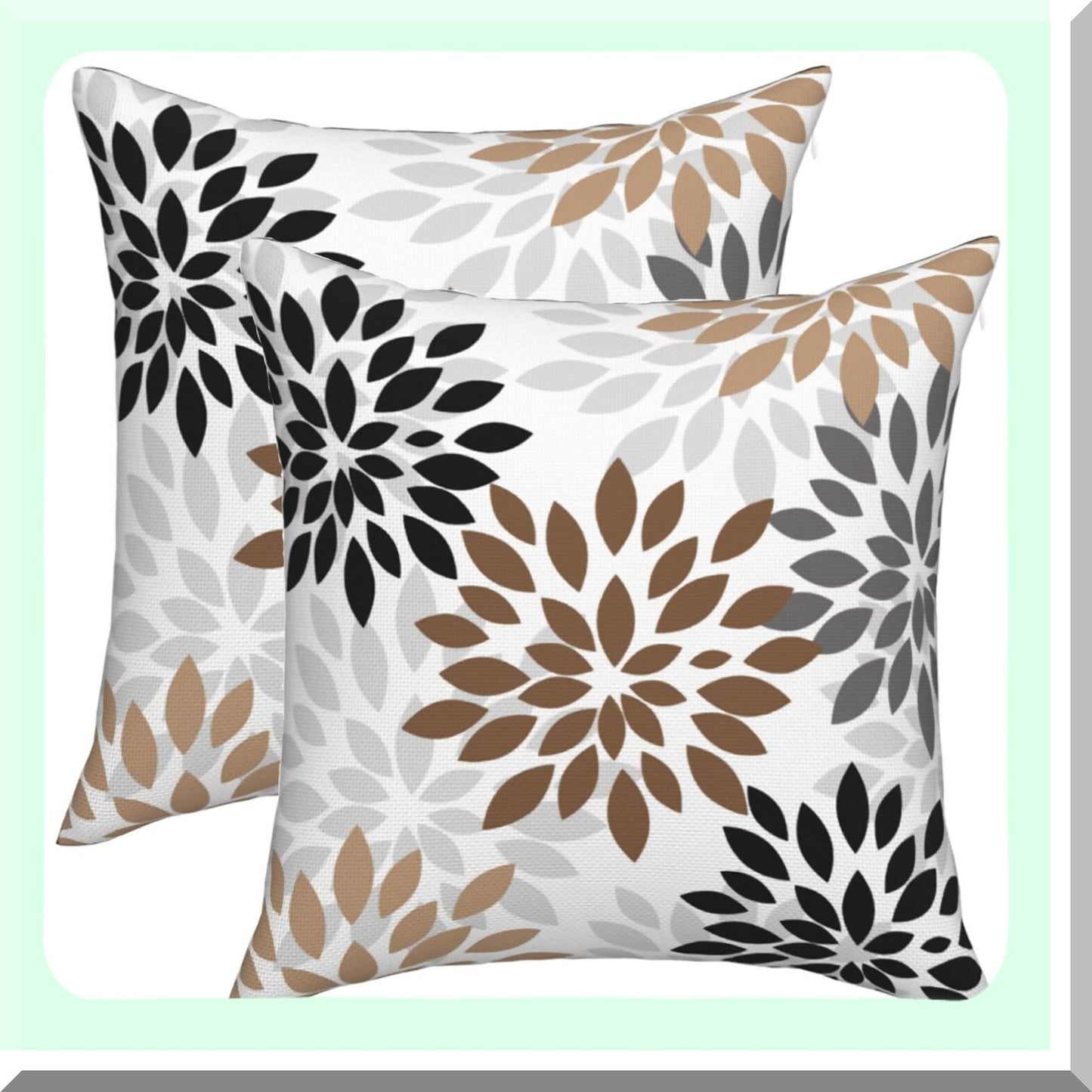 Geometric Dahlia Floral Pillow Covers - Set of 2, Coffee Gray Colored Throw Pillows, 18x18 Inch Summer Outdoor Cushion Cover for Home Decor