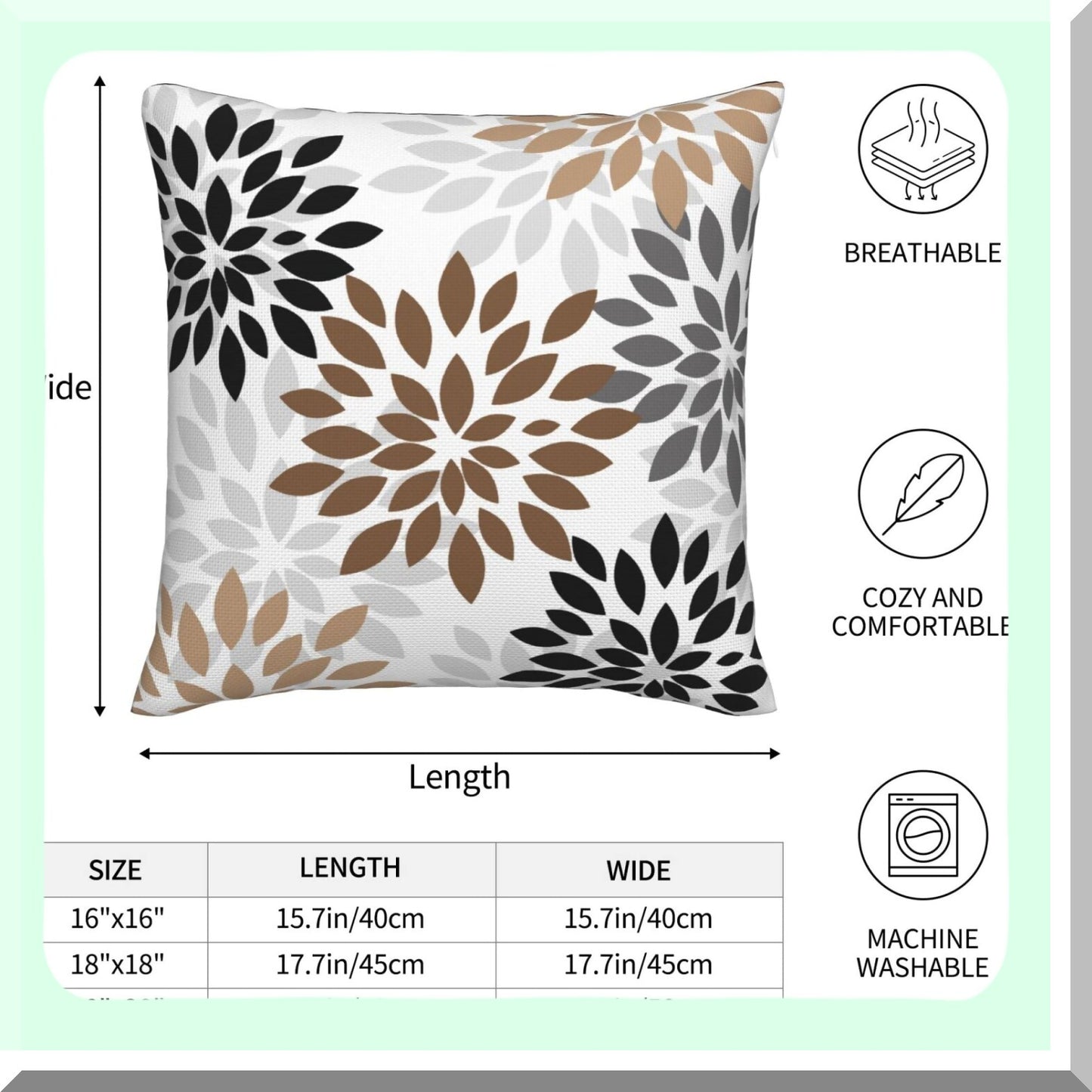 Geometric Dahlia Floral Pillow Covers - Set of 2, Coffee Gray Colored Throw Pillows, 18x18 Inch Summer Outdoor Cushion Cover for Home Decor