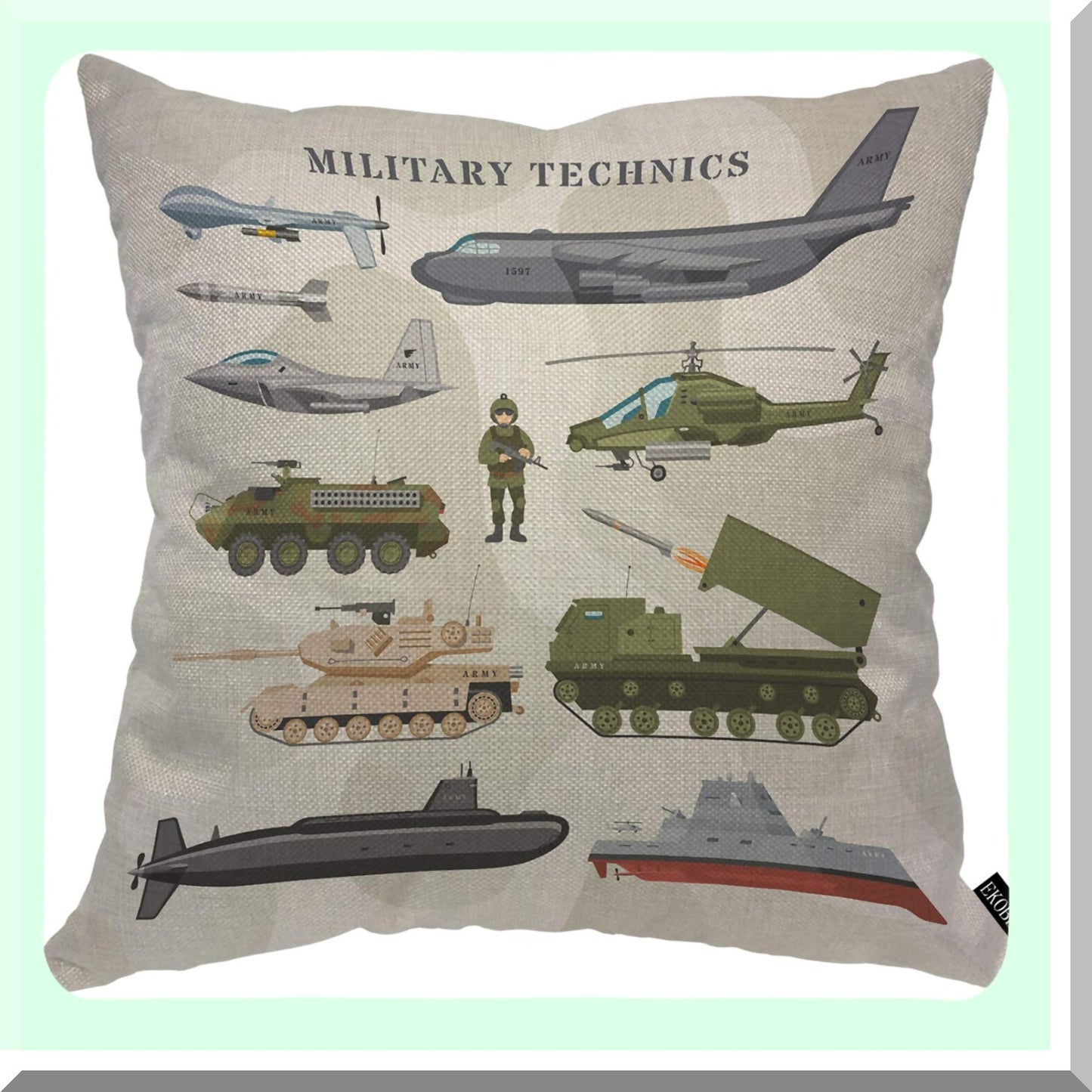 Camouflage Military Technics Square Pillow Cover - Armored Plane Tank Helicopter Design - Cozy Cotton Linen Cushion Case for Home Decor - 18x18 Inch