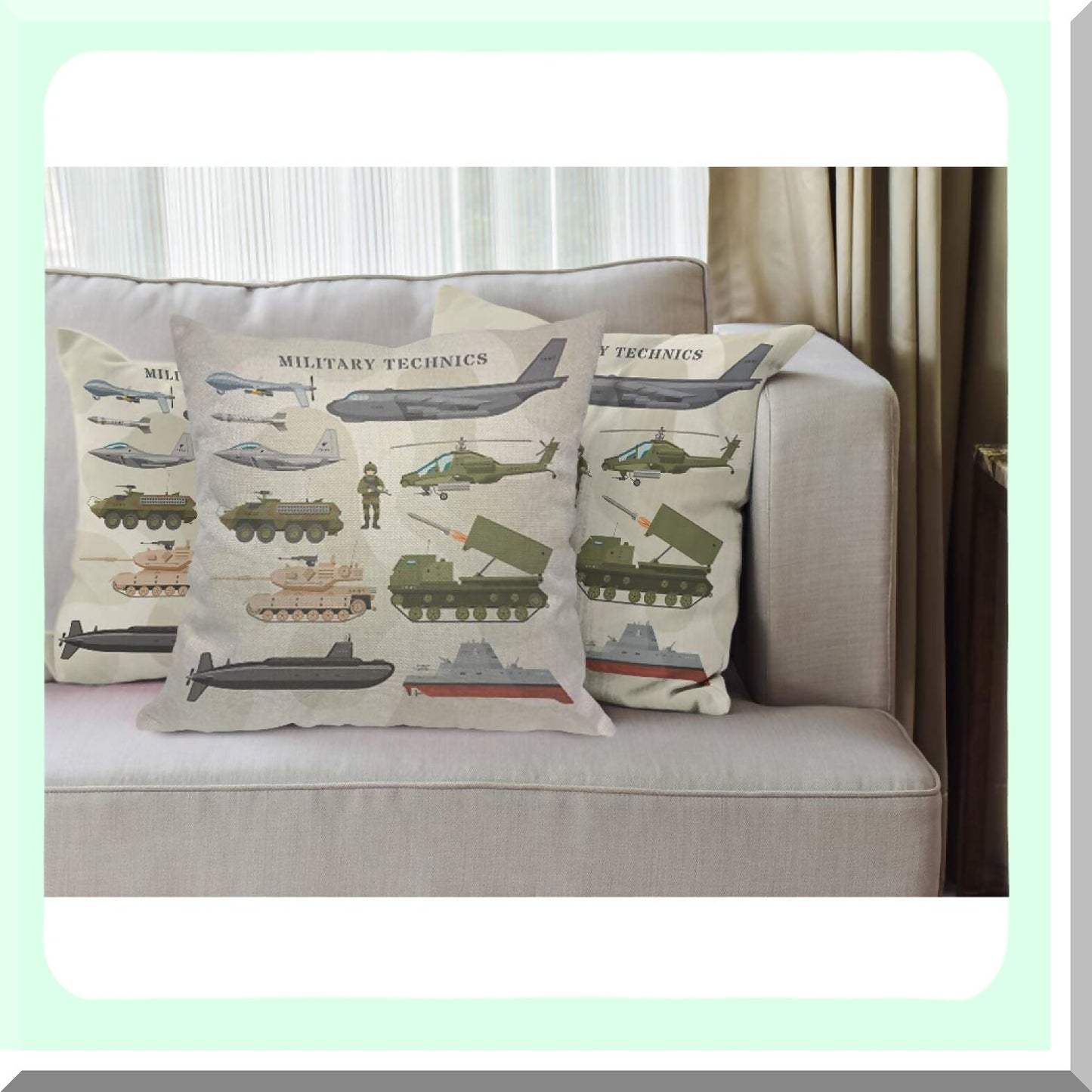 Camouflage Military Technics Square Pillow Cover - Armored Plane Tank Helicopter Design - Cozy Cotton Linen Cushion Case for Home Decor - 18x18 Inch