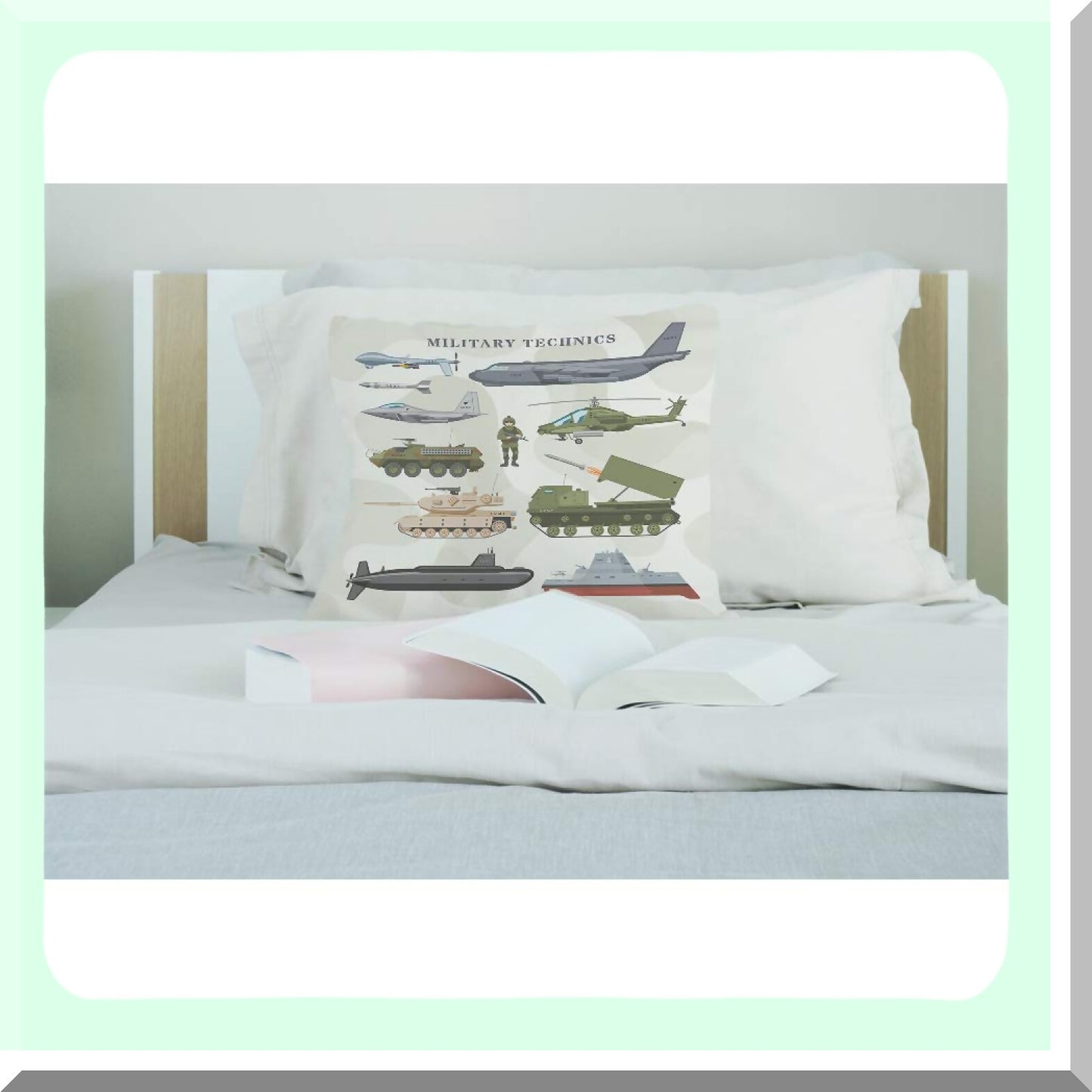 Camouflage Military Technics Square Pillow Cover - Armored Plane Tank Helicopter Design - Cozy Cotton Linen Cushion Case for Home Decor - 18x18 Inch