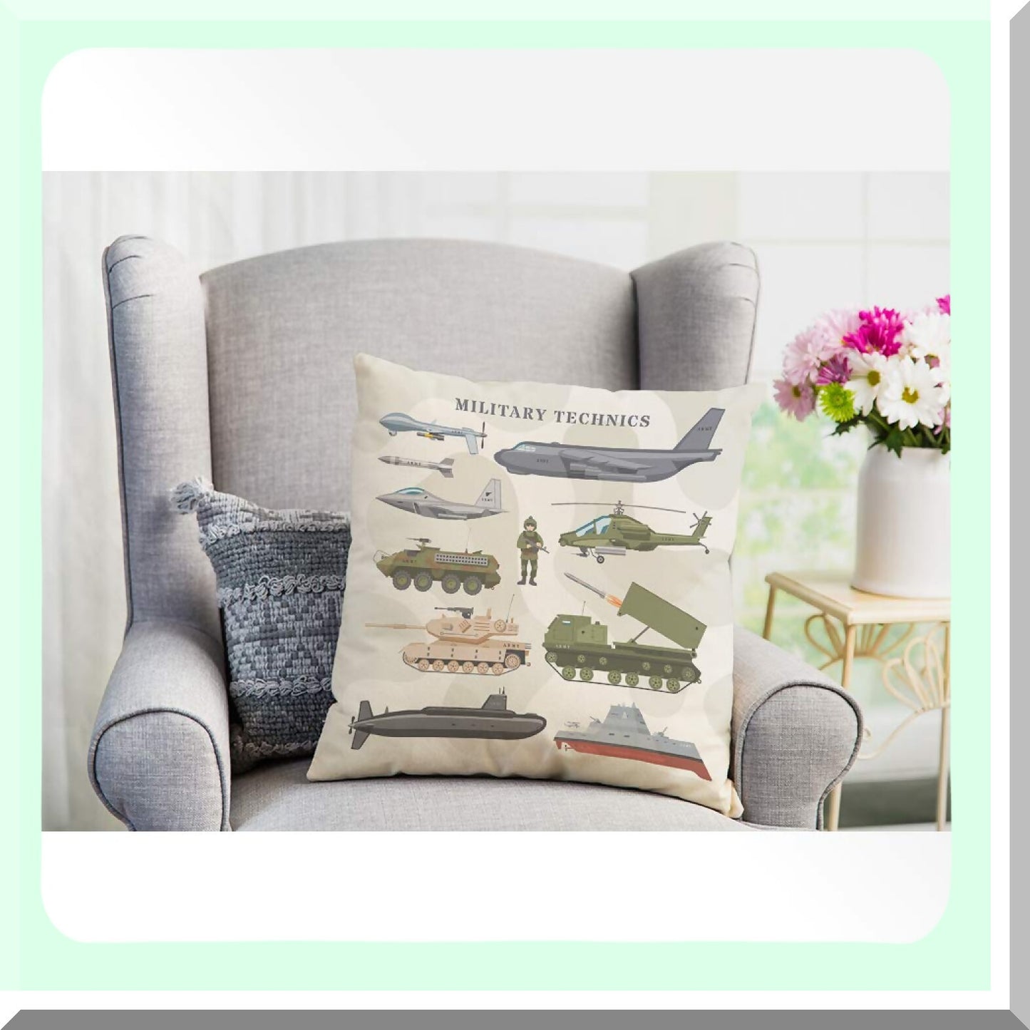 Camouflage Military Technics Square Pillow Cover - Armored Plane Tank Helicopter Design - Cozy Cotton Linen Cushion Case for Home Decor - 18x18 Inch