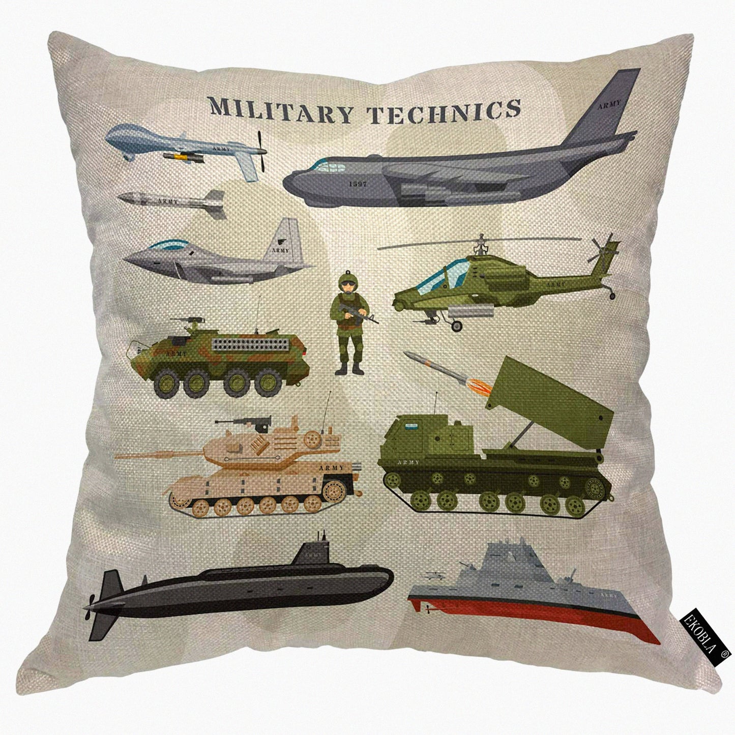 Camouflage Military Technics Square Pillow Cover - Armored Plane Tank Helicopter Design - Cozy Cotton Linen Cushion Case for Home Decor - 18x18 Inch