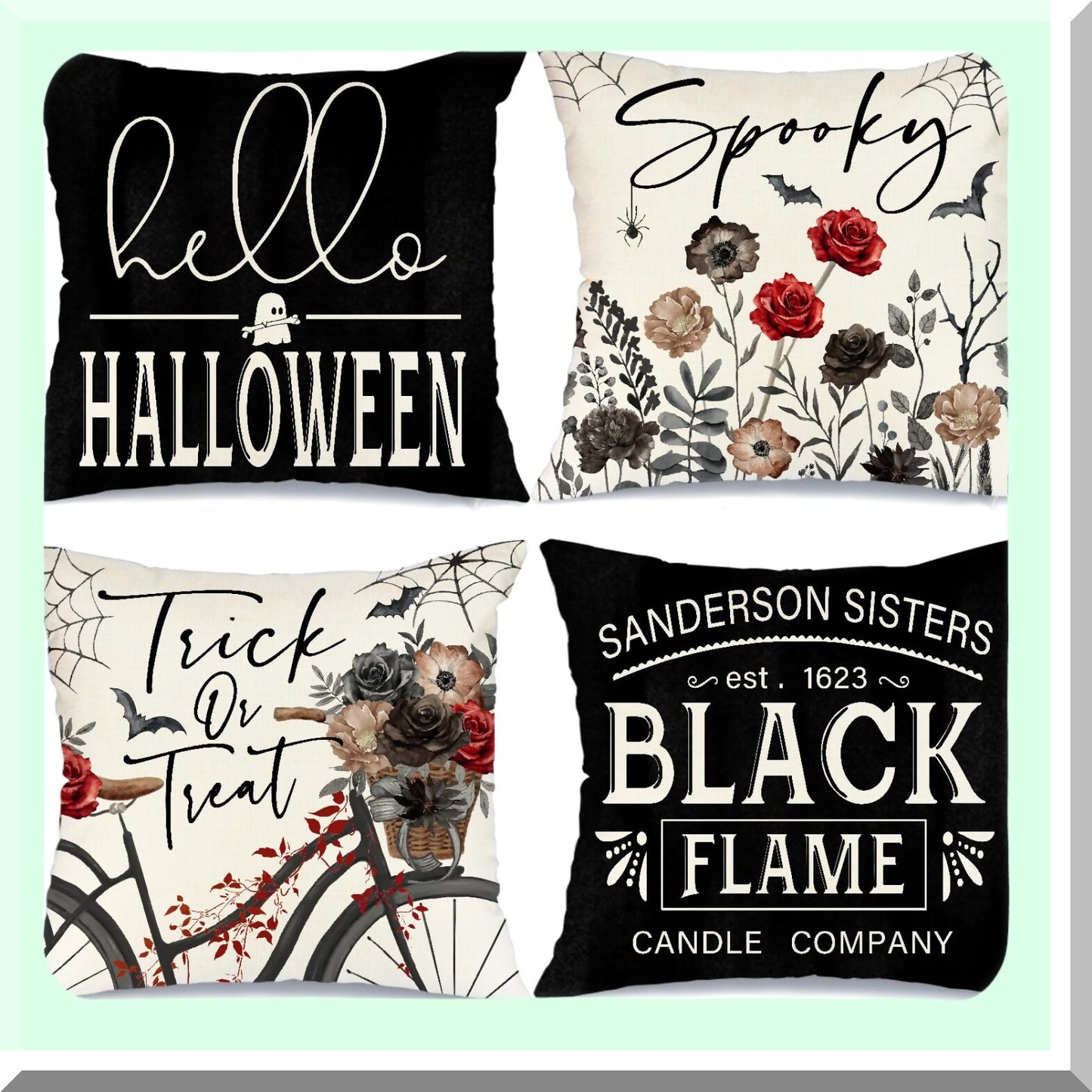 Halloween Pillow Covers Set of 4, Spooky Ghost Trick or Treat Spider Web Bicycle Bats Decorative Throw Cushion Cases - Indoor Holiday Decoration for Home Party Sofa Couch