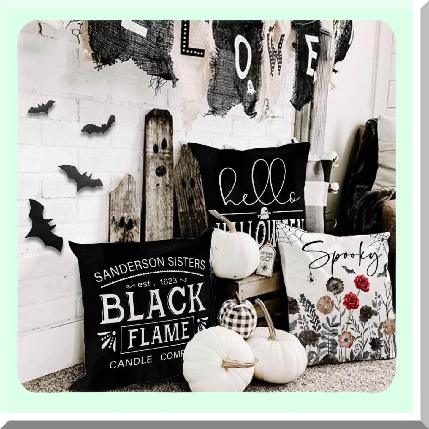 Halloween Pillow Covers Set of 4, Spooky Ghost Trick or Treat Spider Web Bicycle Bats Decorative Throw Cushion Cases - Indoor Holiday Decoration for Home Party Sofa Couch