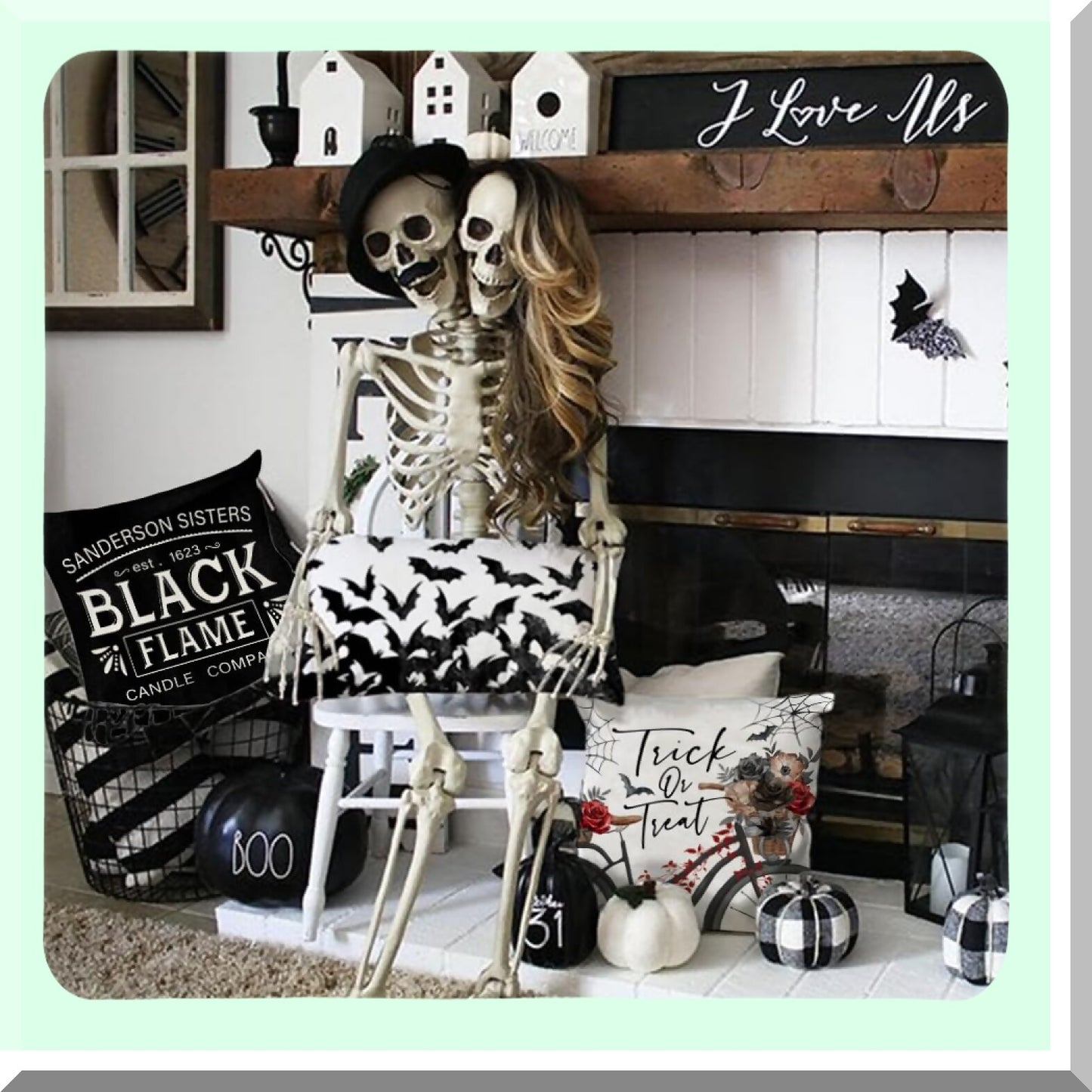 Halloween Pillow Covers Set of 4, Spooky Ghost Trick or Treat Spider Web Bicycle Bats Decorative Throw Cushion Cases - Indoor Holiday Decoration for Home Party Sofa Couch