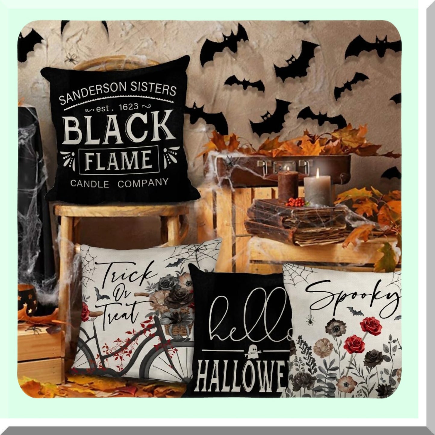 Halloween Pillow Covers Set of 4, Spooky Ghost Trick or Treat Spider Web Bicycle Bats Decorative Throw Cushion Cases - Indoor Holiday Decoration for Home Party Sofa Couch