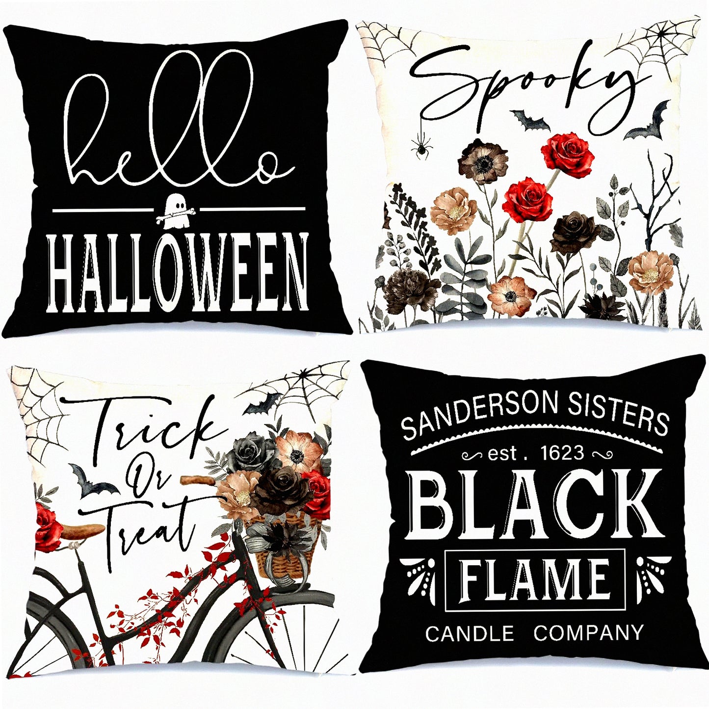 Halloween Pillow Covers Set of 4, Spooky Ghost Trick or Treat Spider Web Bicycle Bats Decorative Throw Cushion Cases - Indoor Holiday Decoration for Home Party Sofa Couch