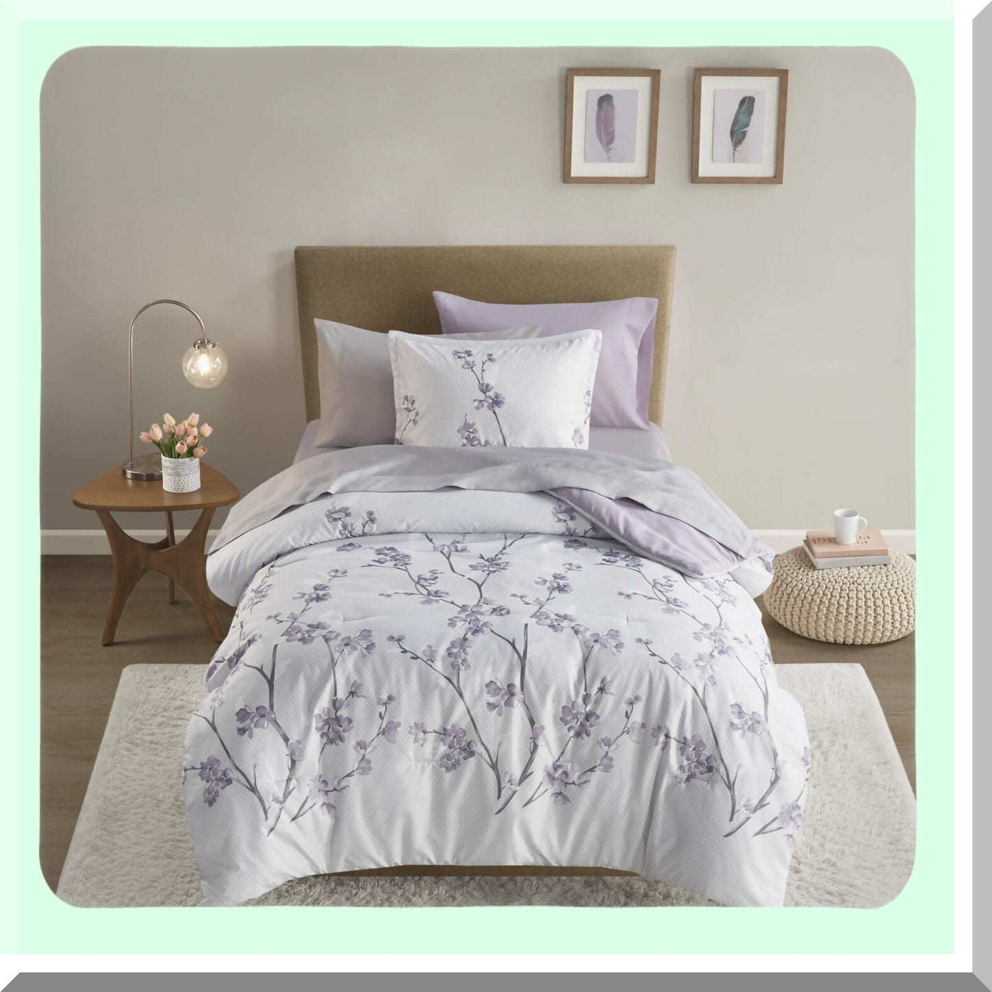 CozyDreams 6-Piece Bedding Set - Trendy Casual Design Comforter with Complete Sheet Set, Side Pocket, Matching Shams - Twin XL Size - All Season Cover - Kate Collection - Grey/Purple