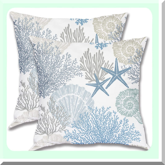 Ocean Breeze Coastal Pillow Covers - Set of 2, 18x18 Inch Summer Beach Theme Square Cotton Seashell Starfish Cushion Cases for Bedroom Sofa Décor