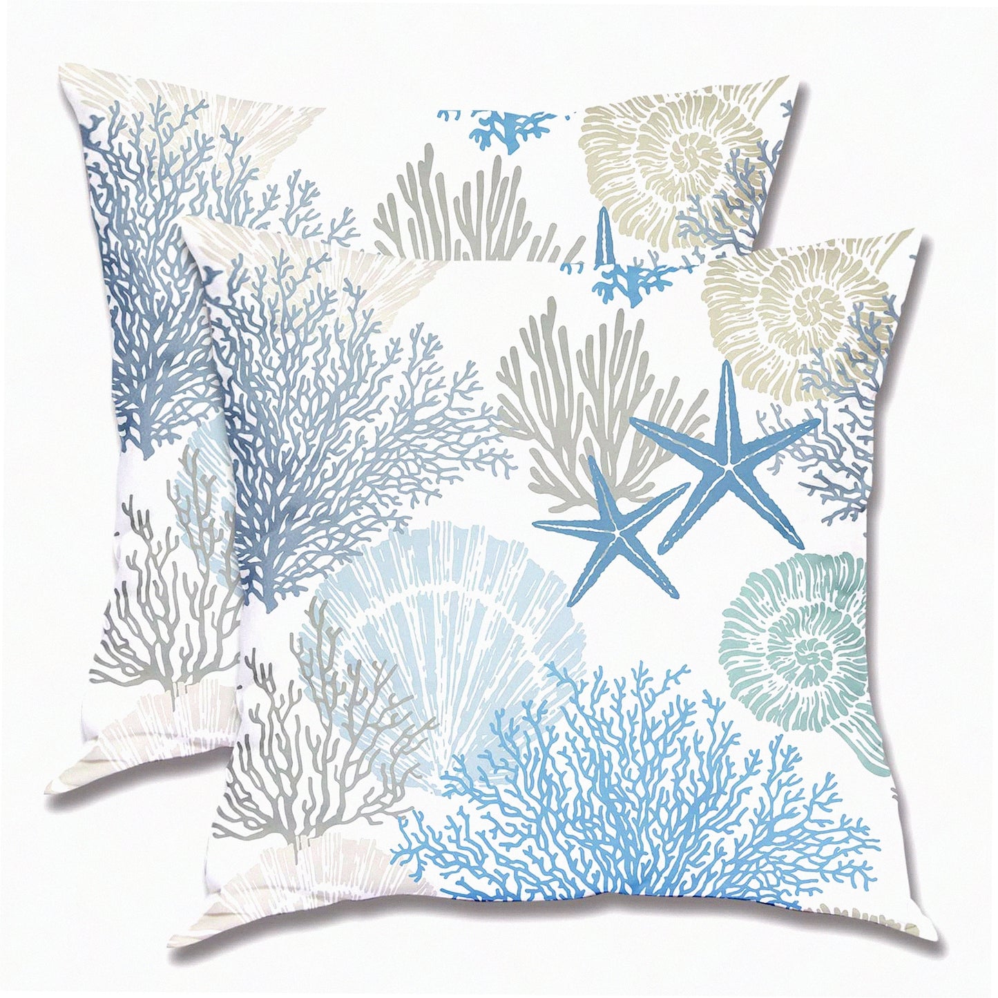 Ocean Breeze Coastal Pillow Covers - Set of 2, 18x18 Inch Summer Beach Theme Square Cotton Seashell Starfish Cushion Cases for Bedroom Sofa Décor