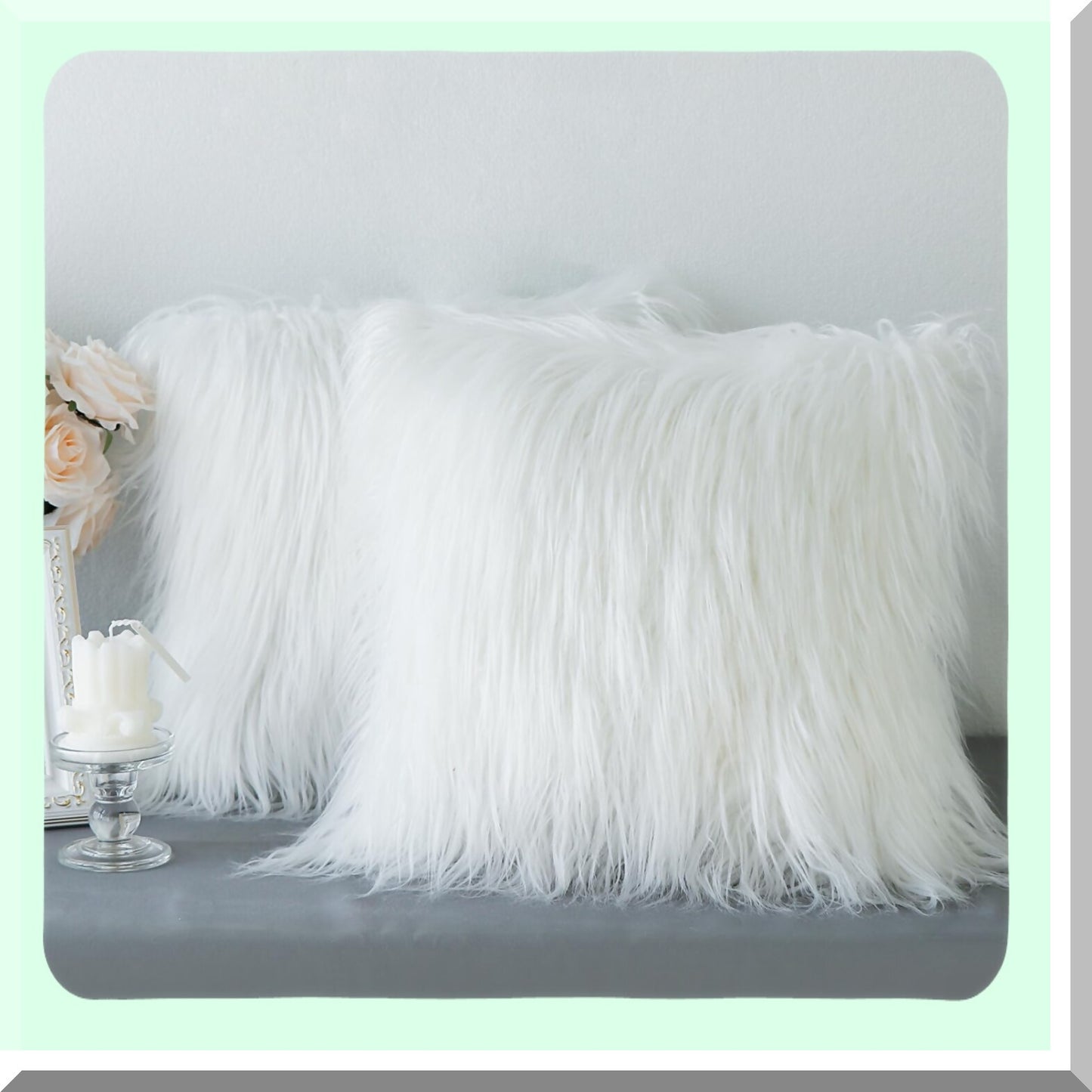 Luxury Merino Fluffy Cushion Covers - Set of 2 Plush Decorative Pillows for Living Room, Couch, Bed, Car, Chair - 18" x 18" Off-White - Soft and Stylish