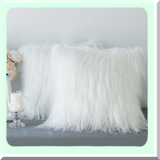 Luxury Merino Fluffy Cushion Covers - Set of 2 Plush Decorative Pillows for Living Room, Couch, Bed, Car, Chair - 18" x 18" Off-White - Soft and Stylish