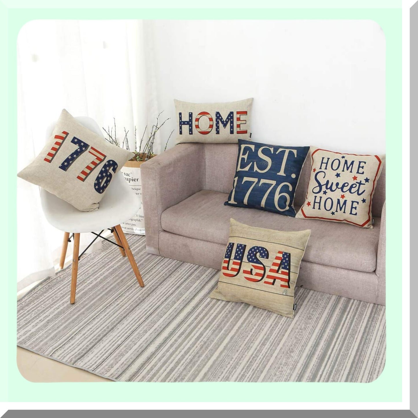 Vintage Americana Patriotic Pillow Cover - 18x18 Inch Blue 1776 Cushion Case - Square Decorative Throw Pillow - PL350TR