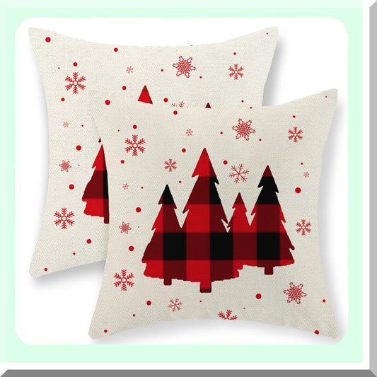 Winter Snowflake Linen Pillow Covers Set - Farmhouse Holiday Decor 18x18 Red Throw Pillows - Decorative Outdoor Cushion Covers for Couch Home - Set of 2