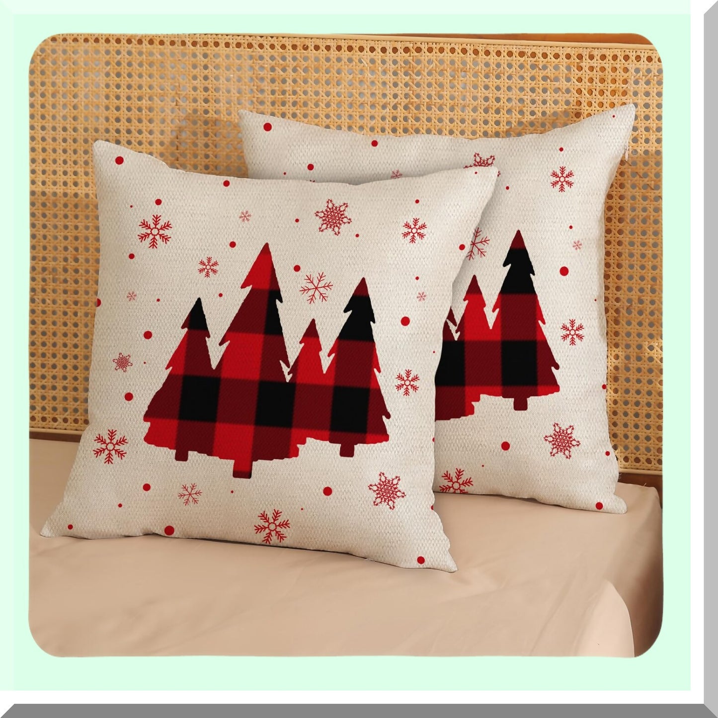 Winter Snowflake Linen Pillow Covers Set - Farmhouse Holiday Decor 18x18 Red Throw Pillows - Decorative Outdoor Cushion Covers for Couch Home - Set of 2