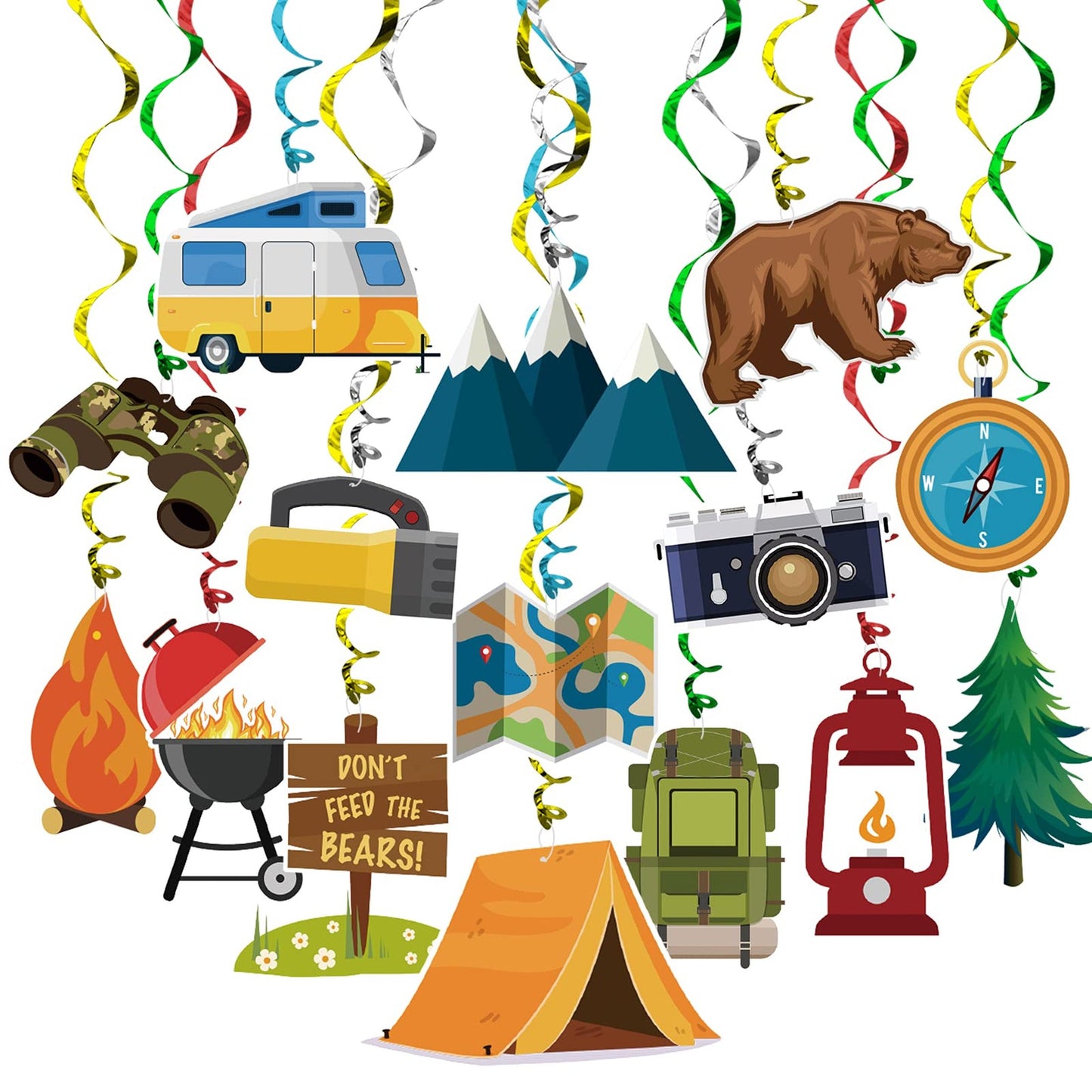 Camping Hanging Swirl Party Decorations 30 Pack for Kids and Events