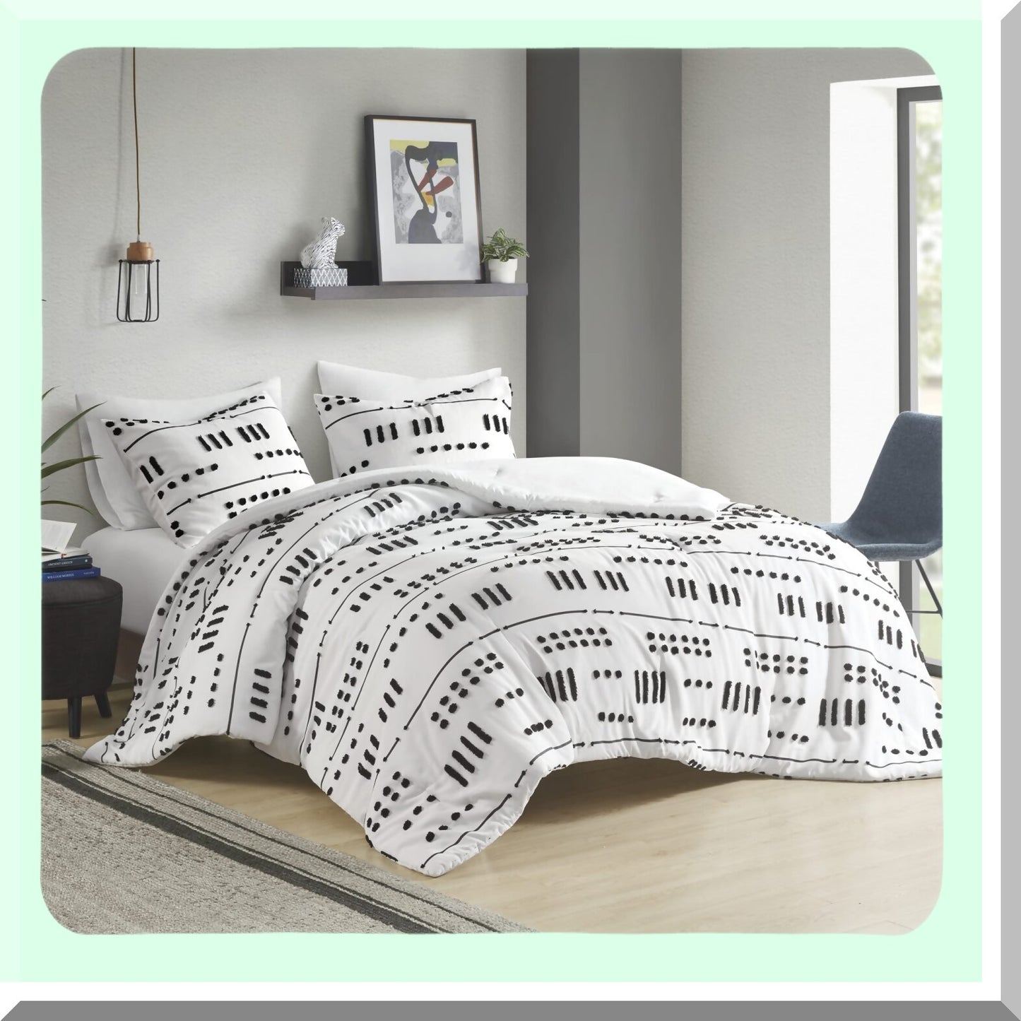 Trendy Jacquard Abstract Comforter Set - Modern Down Alternative Bedding with Matching Sham - All Season Full/Queen Black/White - 3 Piece Textured Clipped Set