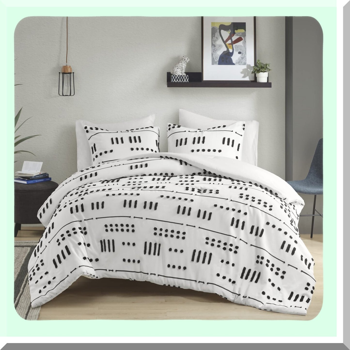 Trendy Jacquard Abstract Comforter Set - Modern Down Alternative Bedding with Matching Sham - All Season Full/Queen Black/White - 3 Piece Textured Clipped Set