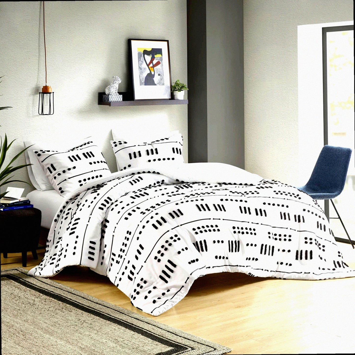 Trendy Jacquard Abstract Comforter Set - Modern Down Alternative Bedding with Matching Sham - All Season Full/Queen Black/White - 3 Piece Textured Clipped Set