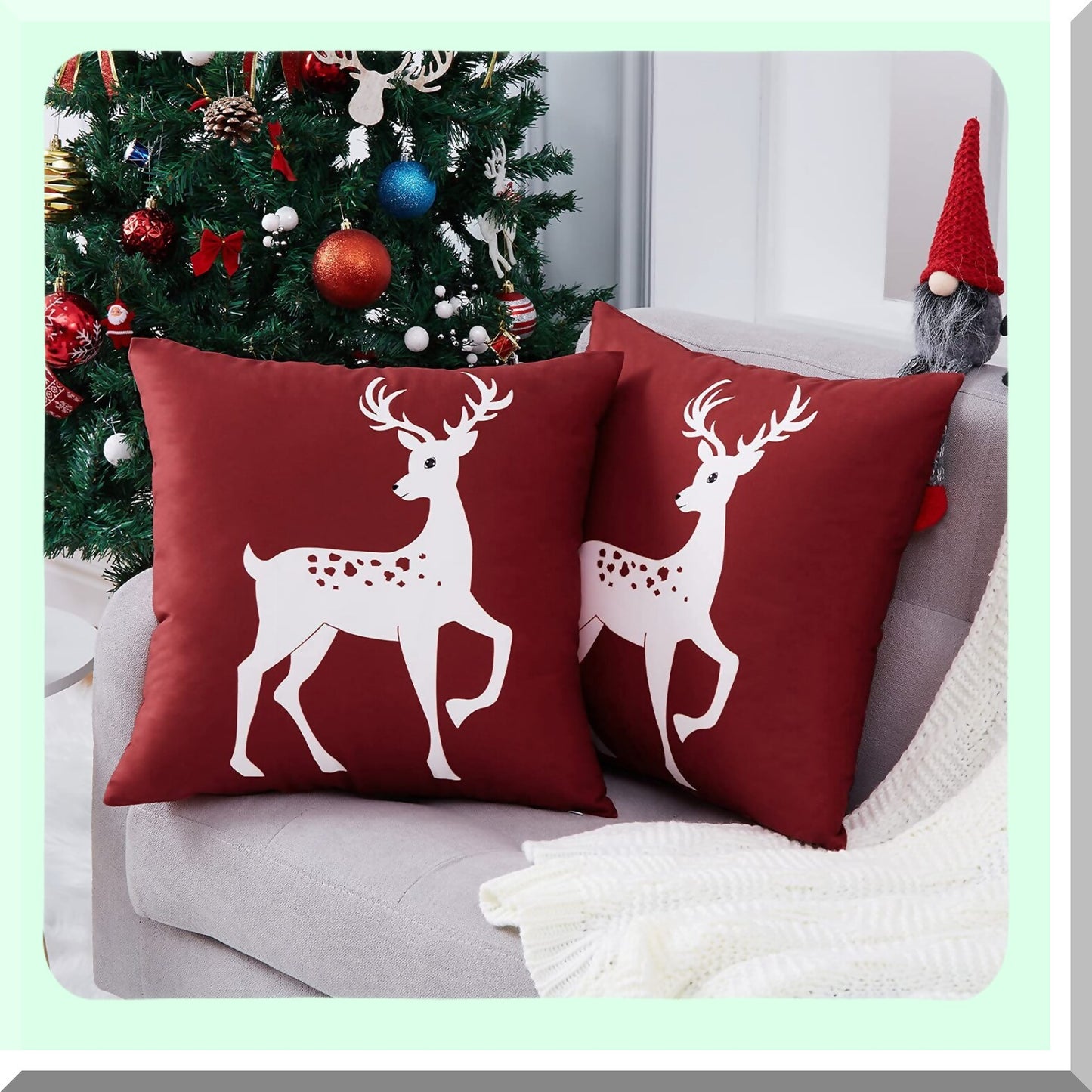 Winter Wonderland Deer Pillow Covers - Set of 2 Farmhouse Decorative Cushion Cases 18x18 Inch for Bedroom & Home Couch, Rustic Xmas Holiday Theme in Pink