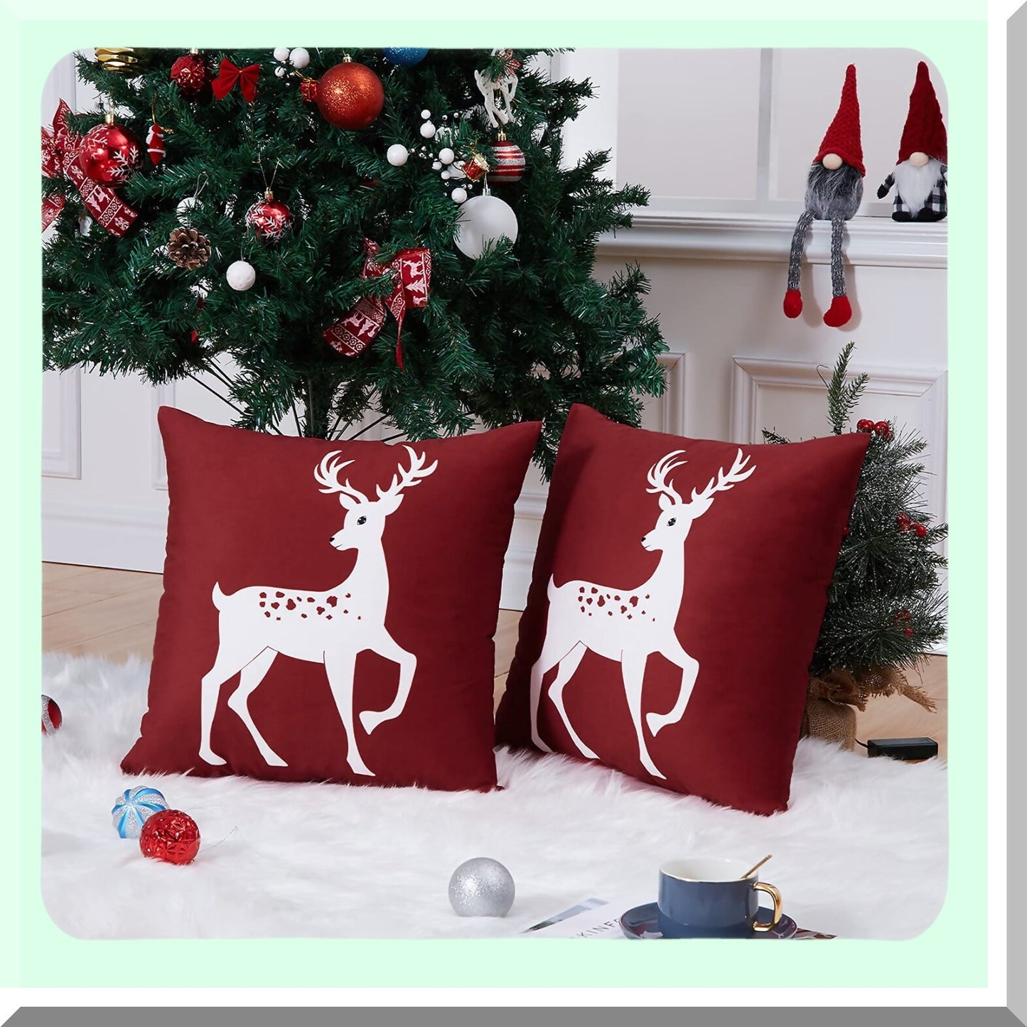 Winter Wonderland Deer Pillow Covers - Set of 2 Farmhouse Decorative Cushion Cases 18x18 Inch for Bedroom & Home Couch, Rustic Xmas Holiday Theme in Pink