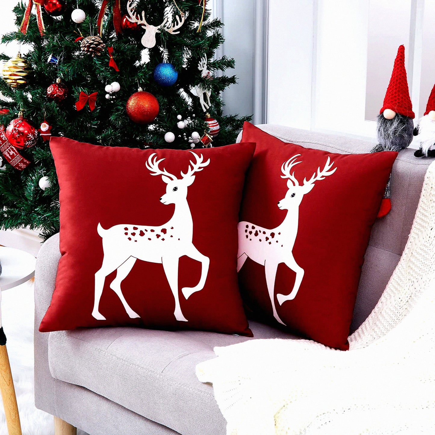 Winter Wonderland Deer Pillow Covers - Set of 2 Farmhouse Decorative Cushion Cases 18x18 Inch for Bedroom & Home Couch, Rustic Xmas Holiday Theme in Pink