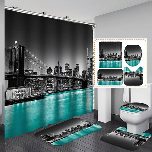 4PCS Brooklyn Bridge Fabric Shower Curtain Set