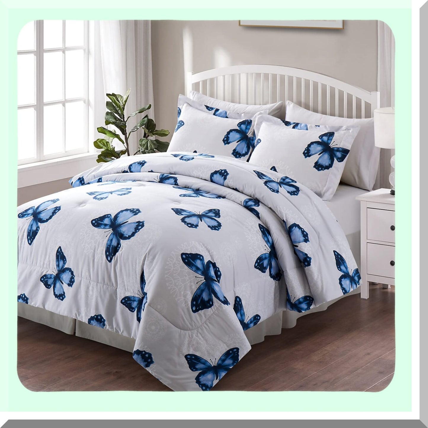 Blue Butterfly Dreams 6-Piece Twin Bedding Set - Comforter, Shams, Sheets, Skirt, Pillowcases - Floral Pattern Bed in A Bag